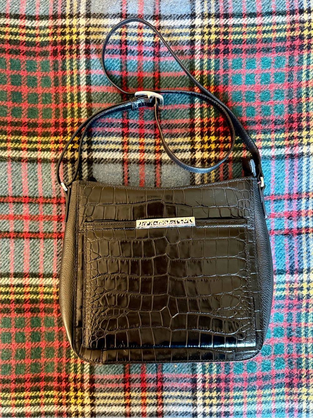 Brighton Mingle Sage Croco Black Leather Organizer Cross Body Bag